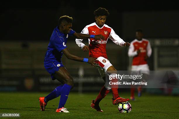 Darnell Johnson of Leicester City and Gedion Zelalem of Arsenal in action during the Premier League 2 match between Arsenal and Leicester City at...