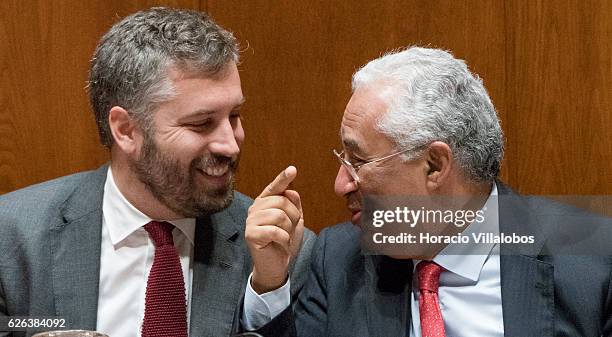 Portuguese Prime Minister Antonio Costa talks to Pedro Nuno Santos , Secretary of State for Parliamentary Affairs, at the Assembly of the Republic...