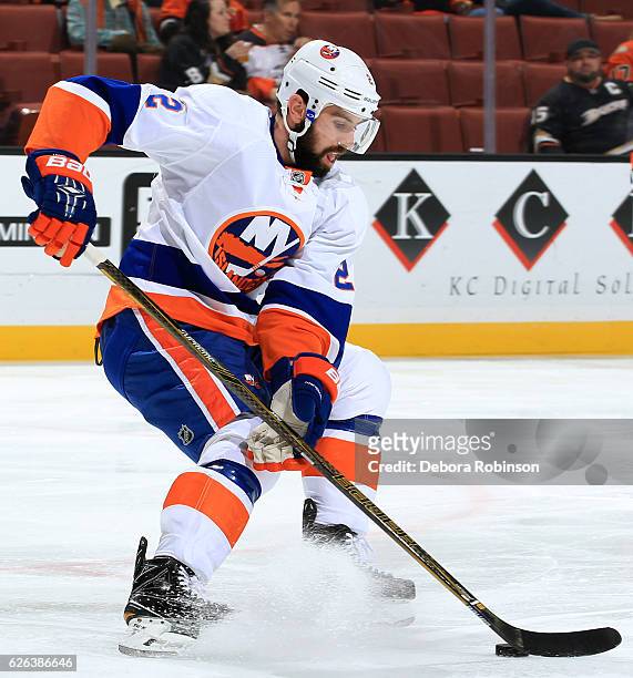 Nick Leddy of the New York Islanders skates with the puck during the game against the Anaheim Ducks on November 22, 2016 at Honda Center in Anaheim,...