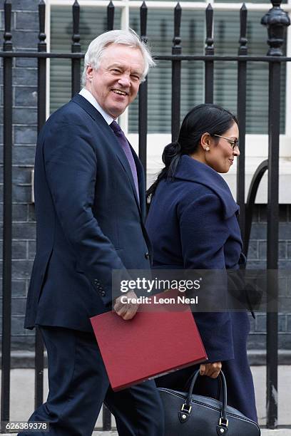 Brexit Secretary David Davis and International Development Secretary Priti Patel leave following a Cabinet meeting at 10 Downing Street on November...