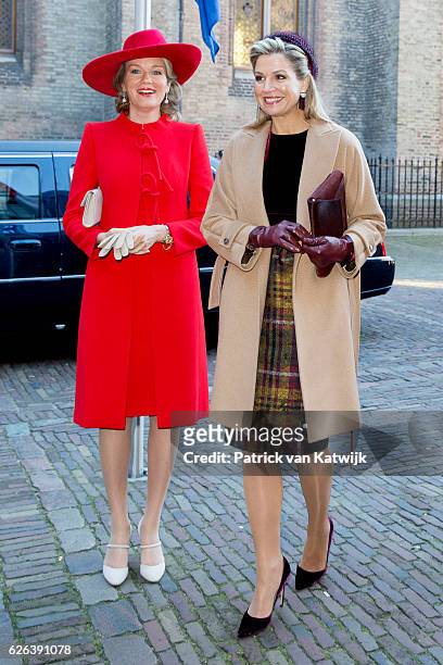King Willem-Alexander, Queen Maxima and Queen Mathilde arrive at the Binnenhof to attend the government lunch in the Ridderzaal on November 29, 2016...