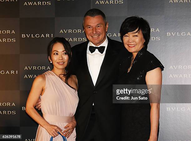 Japan's first lady Akie Abe, Bvlgari CEO Jean-Christophe Babin and Chigusa Tanaka attend the Bvlgari Avrora Awards at the Midtown Square on November...