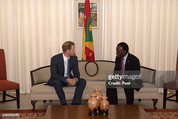 Prince Harry meets Prime Minister of Grenada Keith Mitchell at the Spice Island Beach Resort on November 29, 2016 in Grenada. Prince Harry's visit to...