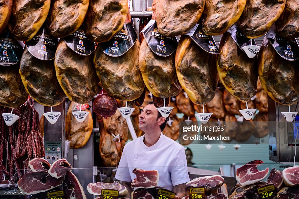 Iberian ham shop in the central market of Valencia.