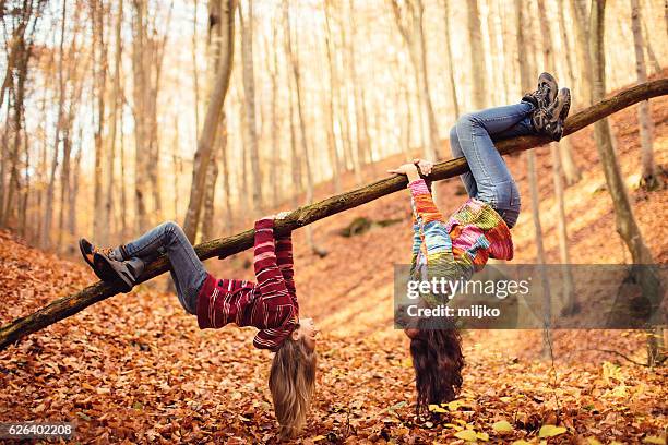 mother with daughter in autumn wood - girl upside down stock pictures, royalty-free photos & images