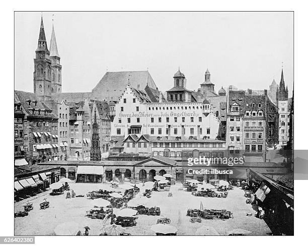 antique photograph of market place, nuremberg - centre de traitement de données stock illustrations