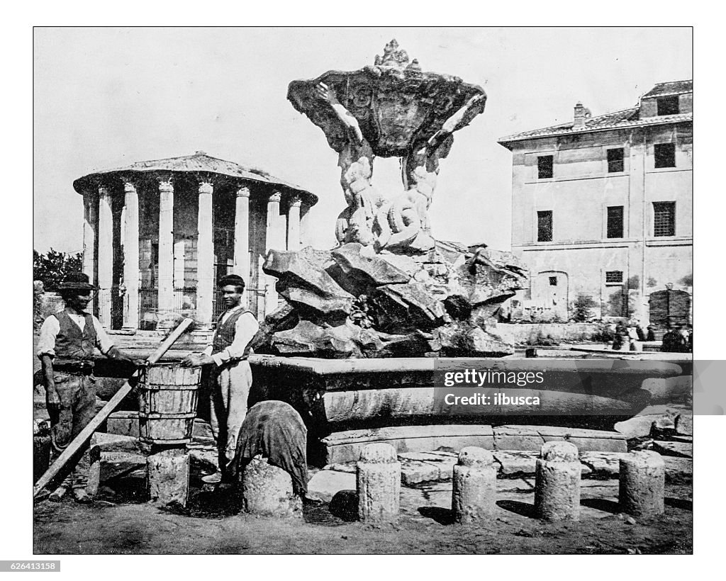 Antique photograph of Fountain of Tritons-temple of Hercules(Rome,Italy)-19th century