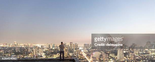 man over top skyscraper - panoramic people stock pictures, royalty-free photos & images