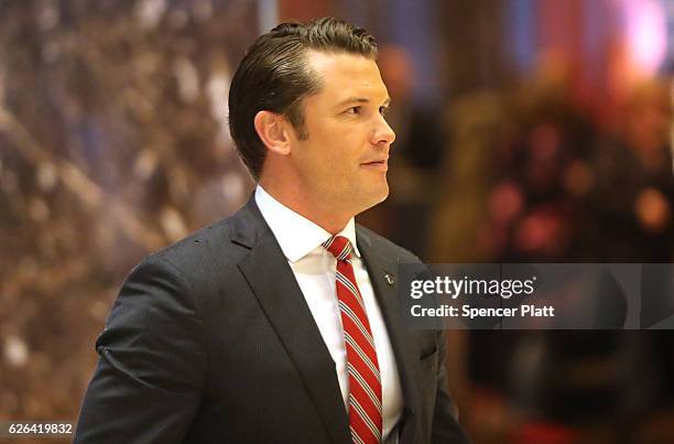 Fox News contributor Pete Hegseth arrives at Trump Tower on November 29, 2016 in New York City. President-elect Donald Trump and his transition team...