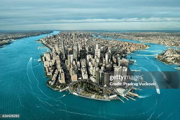 aerial view of manhattan island - financial district nyc stock pictures, royalty-free photos & images