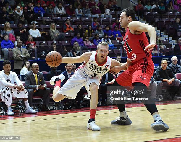 Mississauga, CANADA E.J. Singler of the Raptors 905 drives to the basket against the of the Windy City Bulls during the game on November 23 at the...