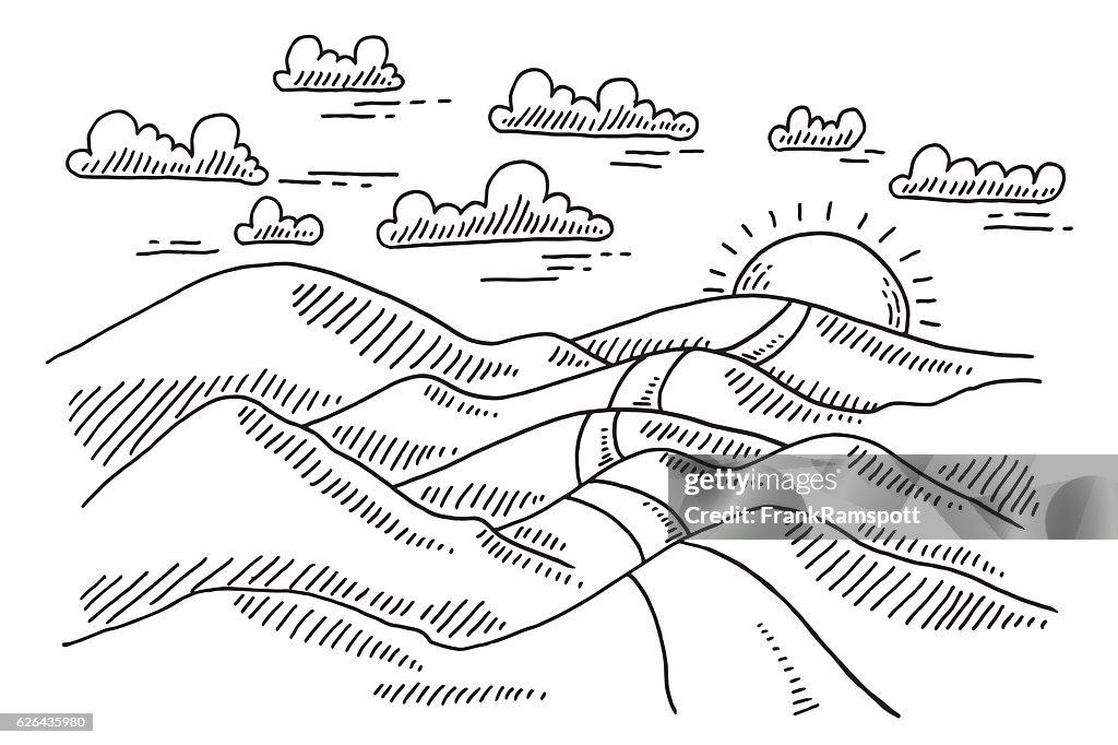 Landschaft Hügelige Straße zur Sonne Zeichnung
