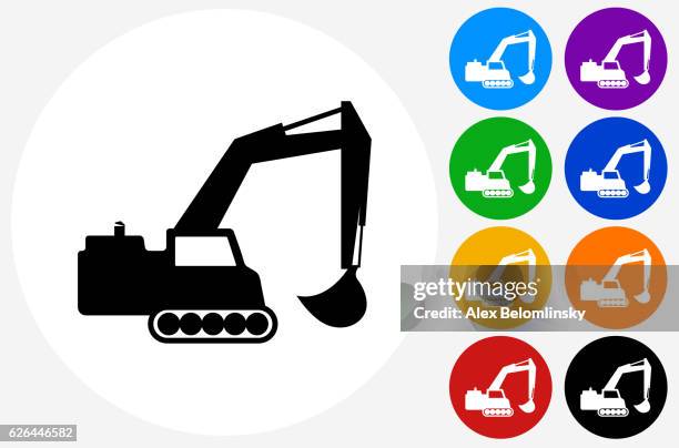 bagger-symbol auf flachen farbkreis-tasten - baggerschaufel stock-grafiken, -clipart, -cartoons und -symbole