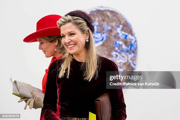 Queen Mathilde of Belgium and Queen Maxima of the Netherlands visit the exhibition Pierre Alechinsky Post Cobra at the Cobra Museum on November 29,...