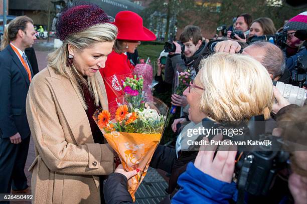 Queen Mathilde of Belgium and Queen Maxima of the Netherlands visit the exhibition Pierre Alechinsky Post Cobra at the Cobra Museum on November 29,...