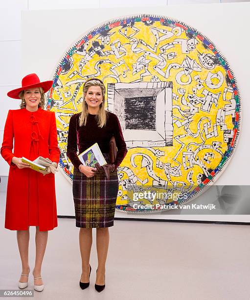 Queen Mathilde of Belgium and Queen Maxima of the Netherlands visit the exhibition Pierre Alechinsky Post Cobra at the Cobra Museum on November 29,...