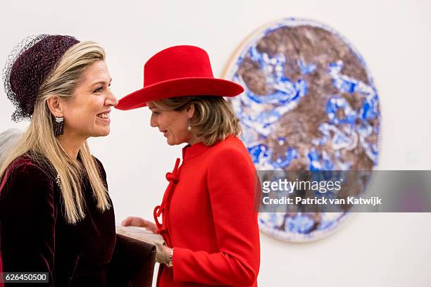 Queen Mathilde of Belgium and Queen Maxima of the Netherlands visit the exhibition Pierre Alechinsky Post Cobra at the Cobra Museum on November 29,...