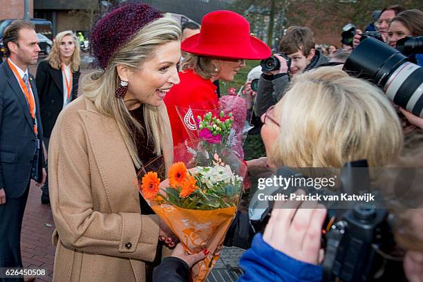 Queen Mathilde of Belgium and Queen Maxima of the Netherlands visit the exhibition Pierre Alechinsky Post Cobra at the Cobra Museum on November 29,...