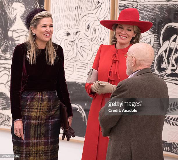Queen Maxima of Netherlands and Queen Mathilde of Belgium visit the exhibition of the artist Pierre Alechinsky at the museum Cobra in Amsterdam,...