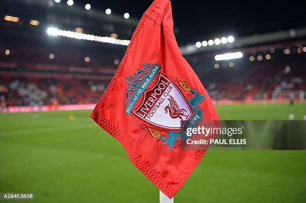The Liverpool crest sits on a corner flag pole ahead of the EFL Cup quarter-final football match between Liverpool and Leeds United at Anfield in...