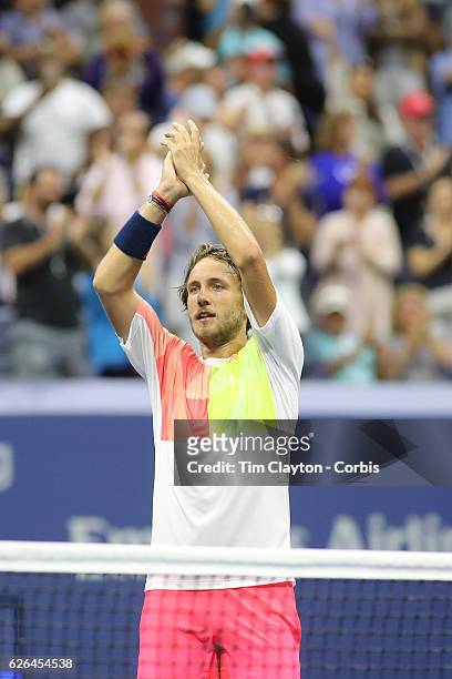 Open - Day 7 Lucas Pouille of France after his win against Rafael Nadal of Spain in the Men's Singles round four match on Arthur Ashe Stadium on day...
