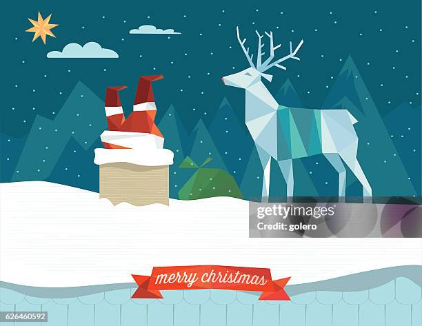santa claus stacking in the chimney with reindeer on roof - chimney roof stock illustrations