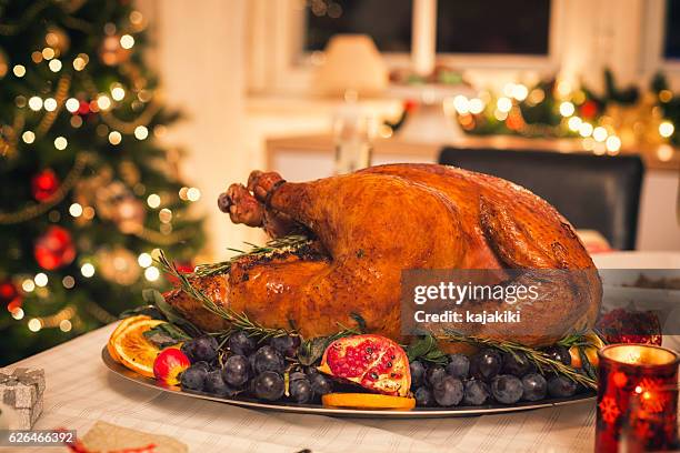 pavo relleno tradicional con guarniciones - pavo al horno fotografías e imágenes de stock