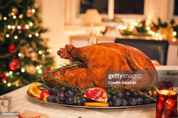 pavo relleno tradicional con guarniciones - christmas turkey fotografías e imágenes de stock