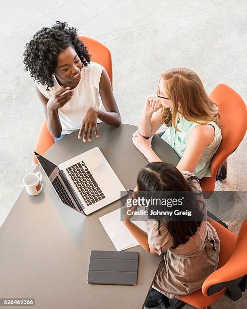 high angle of three businesswomen sitting at table with laptop - ângulo diferente imagens e fotografias de stock