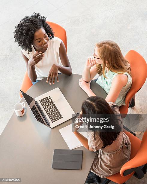 high angle of three businesswomen sitting at table with laptop - 異常角度 個照片及圖片檔