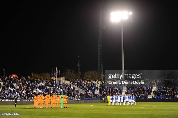 Leganes and Valencia CF players hold a minute of silence for the victims of the plane carrying Brazilian Chapecoense football team which crashed...