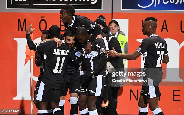 Luis Garcia Fernandez forward of Eupen celebrates with teammates after scoring pictured during Croky cup 1/8 F match between K.A.S.Eupen and Club...