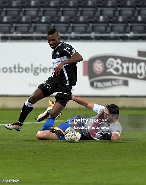 Jeffren Suarez forward of Eupen and Benoit Poulain defender of Club Brugge pictured during Croky cup 1/8 F match between K.A.S.Eupen and Club Brugge...