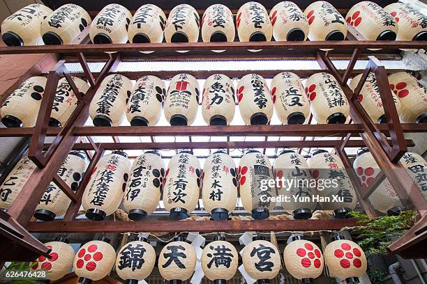 rows of paper lanterns in nishiki tenmangu shrine - nishiki market fotografías e imágenes de stock