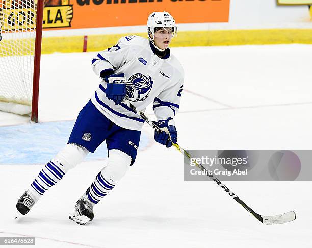 Jacob Moverare of the Mississauga Steelheads turns up ice against the Sault Ste. Marie Greyhounds during game action on November 25, 2016 at Hershey...