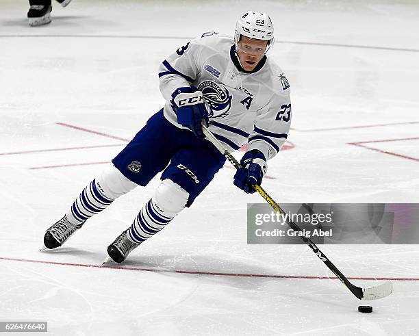 Stefan Leblanc of the Mississauga Steelheads controls the puck against the Sault Ste. Marie Greyhounds during game action on November 25, 2016 at...