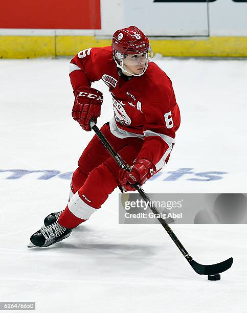 Colton White of the Sault Ste. Marie Greyhounds controls the puck against the Mississauga Steelheads during game action on November 25, 2016 at...