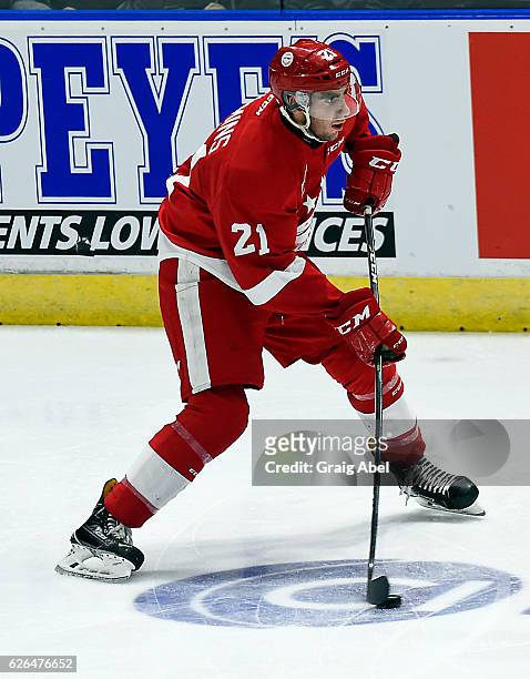 Connor Timmins of the Sault Ste. Marie Greyhounds controls the puck against the Mississauga Steelheads during game action on November 25, 2016 at...