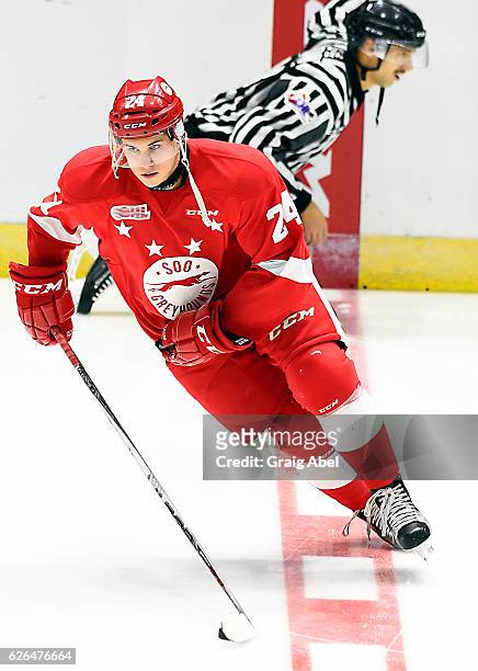 Bobby Macintyre of the Sault Ste. Marie Greyhounds skates in warmup prior to a game against the Mississauga Steelheads on November 25, 2016 at...