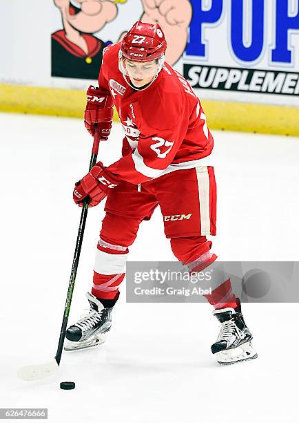 Barrett Hayton of the Sault Ste. Marie Greyhounds skates in warmup prior to a game against the Mississauga Steelheads on November 25, 2016 at Hershey...