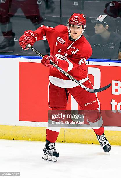 Colton White of the Sault Ste. Marie Greyhounds skates in warmup prior to a game against the Mississauga Steelheads on November 25, 2016 at Hershey...