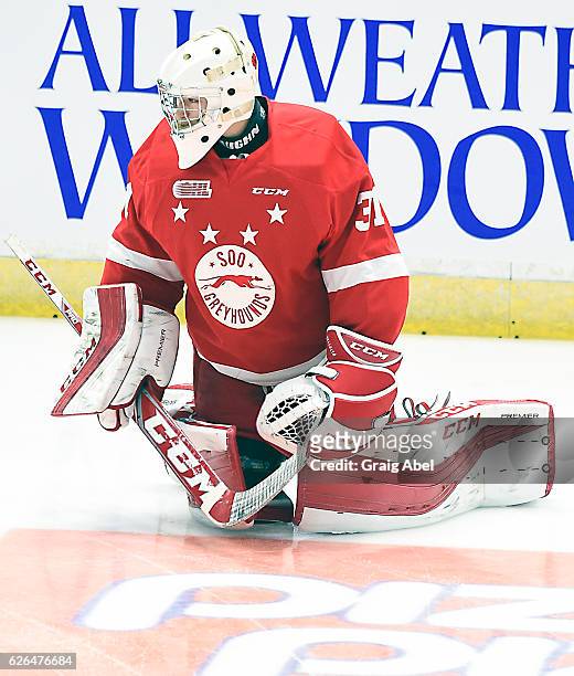 Matthew Villalta of the Sault Ste. Marie Greyhounds skates in warmup prior to a game against the Mississauga Steelheads on November 25, 2016 at...