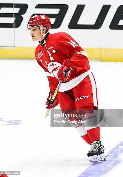 David Miller of the Sault Ste. Marie Greyhounds skates in warmup prior to a game against the Mississauga Steelheads on November 25, 2016 at Hershey...