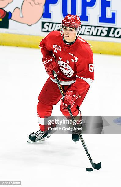 Colton White of the Sault Ste. Marie Greyhounds skates in warmup prior to a game against the Mississauga Steelheads on November 25, 2016 at Hershey...