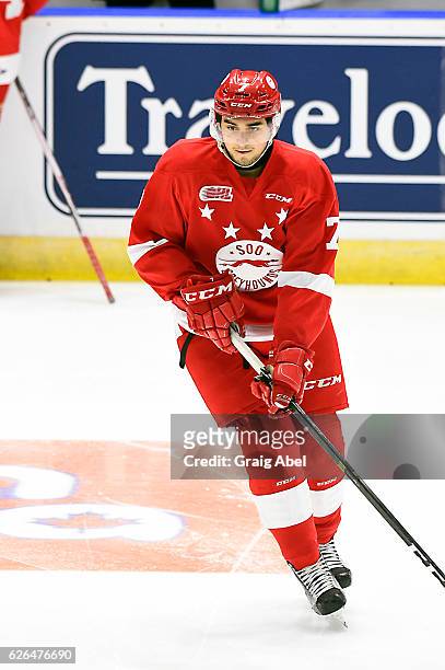 Anthony DeMeo of the Sault Ste. Marie Greyhounds skates in warmup prior to a game against the Mississauga Steelheads on November 25, 2016 at Hershey...