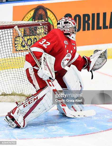 Joseph Raaymakers of the Sault Ste. Marie Greyhounds skates in warmup prior to a game against the Mississauga Steelheads on November 25, 2016 at...