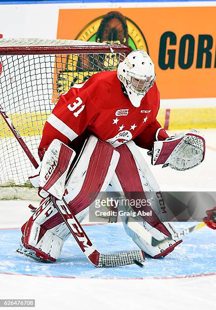 Matthew Villalta of the Sault Ste. Marie Greyhounds skates in warmup prior to a game against the Mississauga Steelheads on November 25, 2016 at...