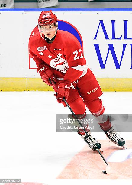 Barrett Hayton of the Sault Ste. Marie Greyhounds skates in warmup prior to a game against the Mississauga Steelheads on November 25, 2016 at Hershey...
