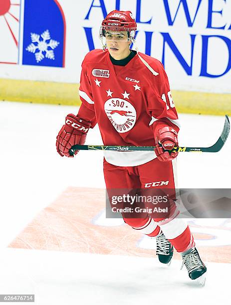 Morgan Frost of the Sault Ste. Marie Greyhounds skates in warmup prior to a game against the Mississauga Steelheads on November 25, 2016 at Hershey...