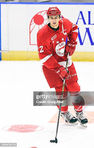 Liam Hawel of the Sault Ste. Marie Greyhounds skates in warmup prior to a game against the Mississauga Steelheads on November 25, 2016 at Hershey...